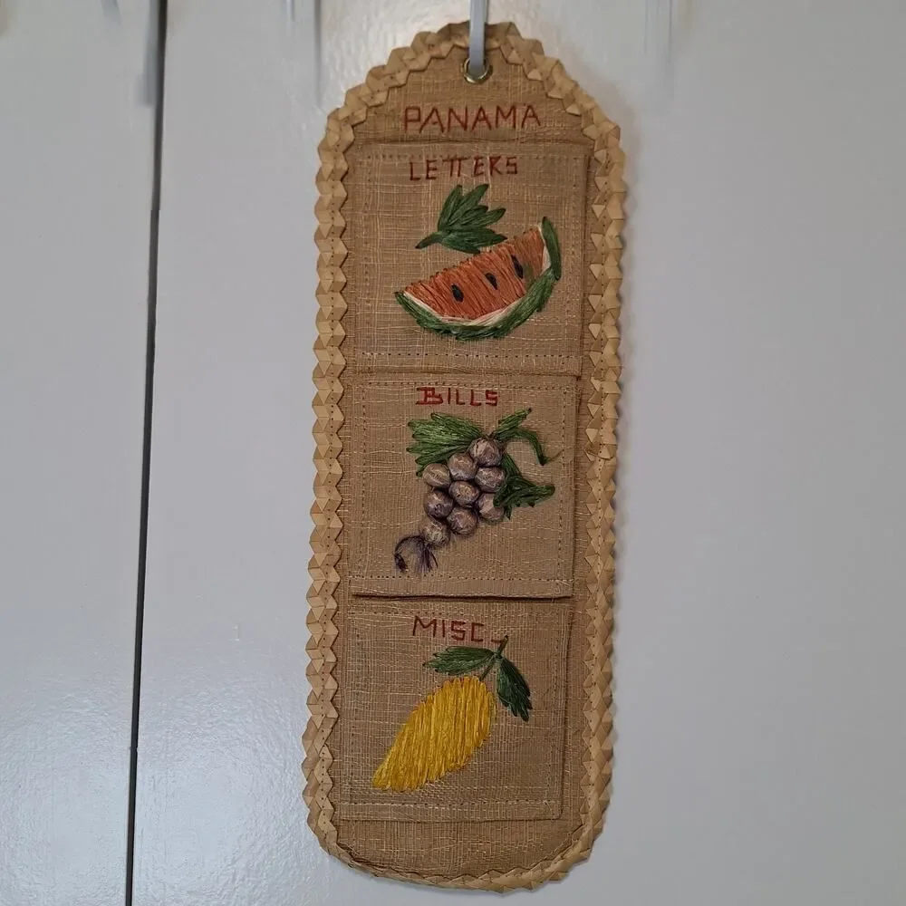Vintage Woven Straw Rattan Mail Sorter Fruit Panama 3 Slots Wall Hanging